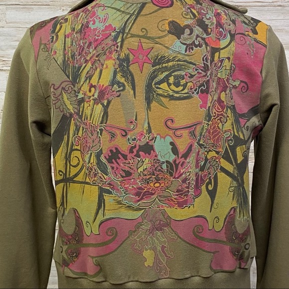 Nuvula Sweatshirt Illustrated Graphic Womens Size M Olive Green Artsy Full Zip - Picture 12 of 16